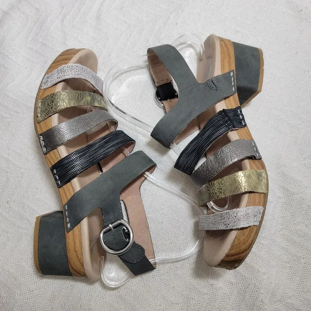 Dansko Multi-strap Metallic and Black Block Heel Sandals
